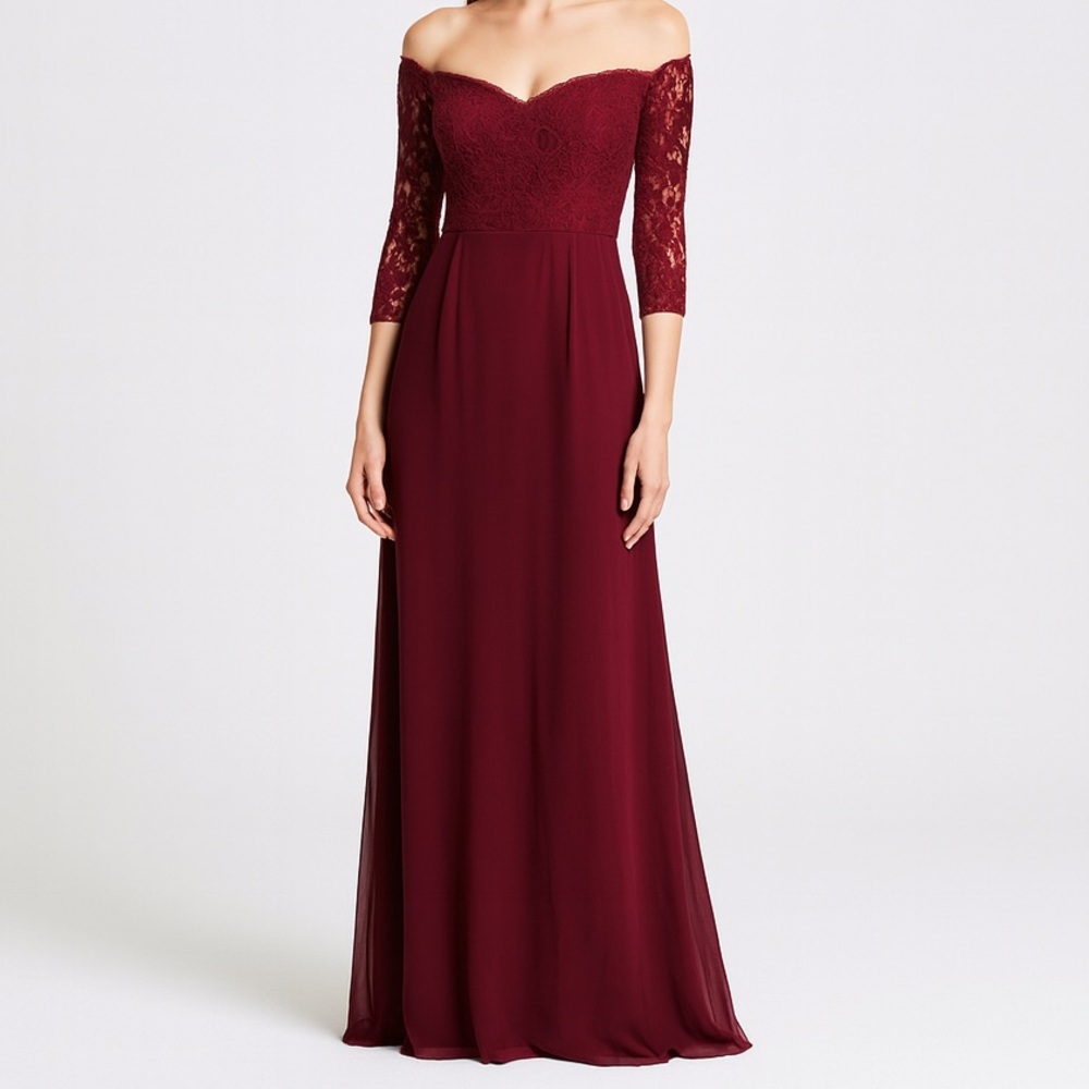 Bill Levkoff Burgundy Off-Shoulder Lace Wedding Dress